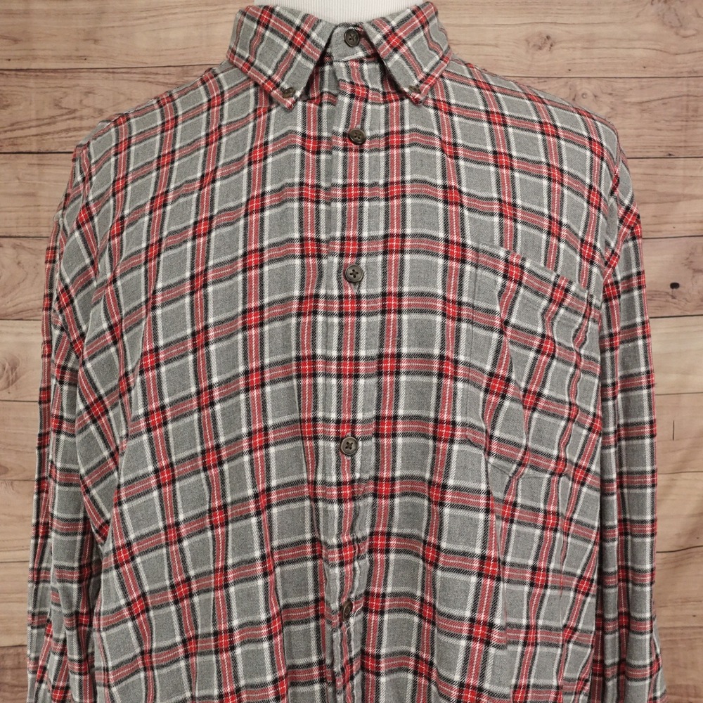 St. John's Bay Flannel Shirt Mens XXL Grey Red Plaid Excellent Button Down